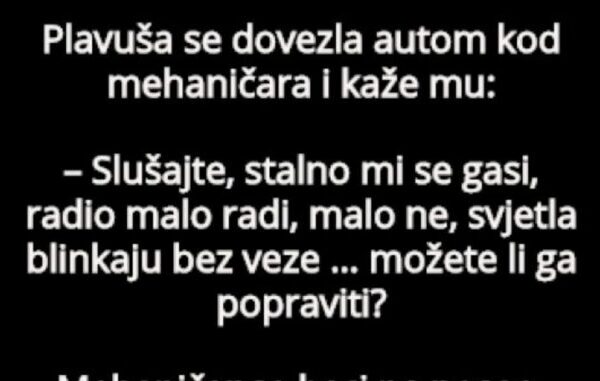 Plavuša se dovezla auto kod mehaničara i kaže mu: